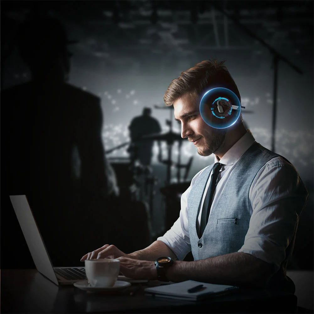 White-collar-worker-wears-mojawa-open-ear-headphones